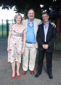 Susie Allan, Tim Torry and Roderick Williams after the Three Choirs performance, outside the Holy Trinity Church, Hereford. 